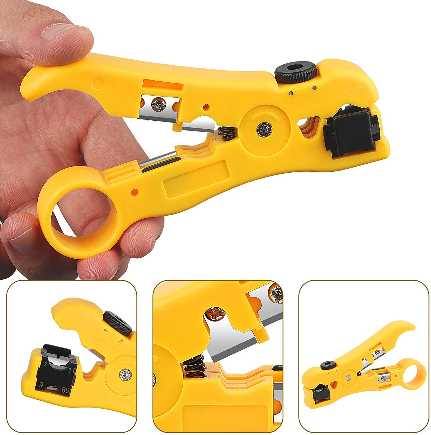 Ekavir Universal Wire Cable Cutter Stripper Tool for Coax Cable RG59 RG6 RG7/RG11 Round Network Cable CAT5 CAT6 and Flat Telephone Cable Yellow